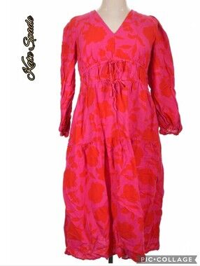 Kate Spade pink/red floral linen gathered dress, front ties, 3/4 sleeve